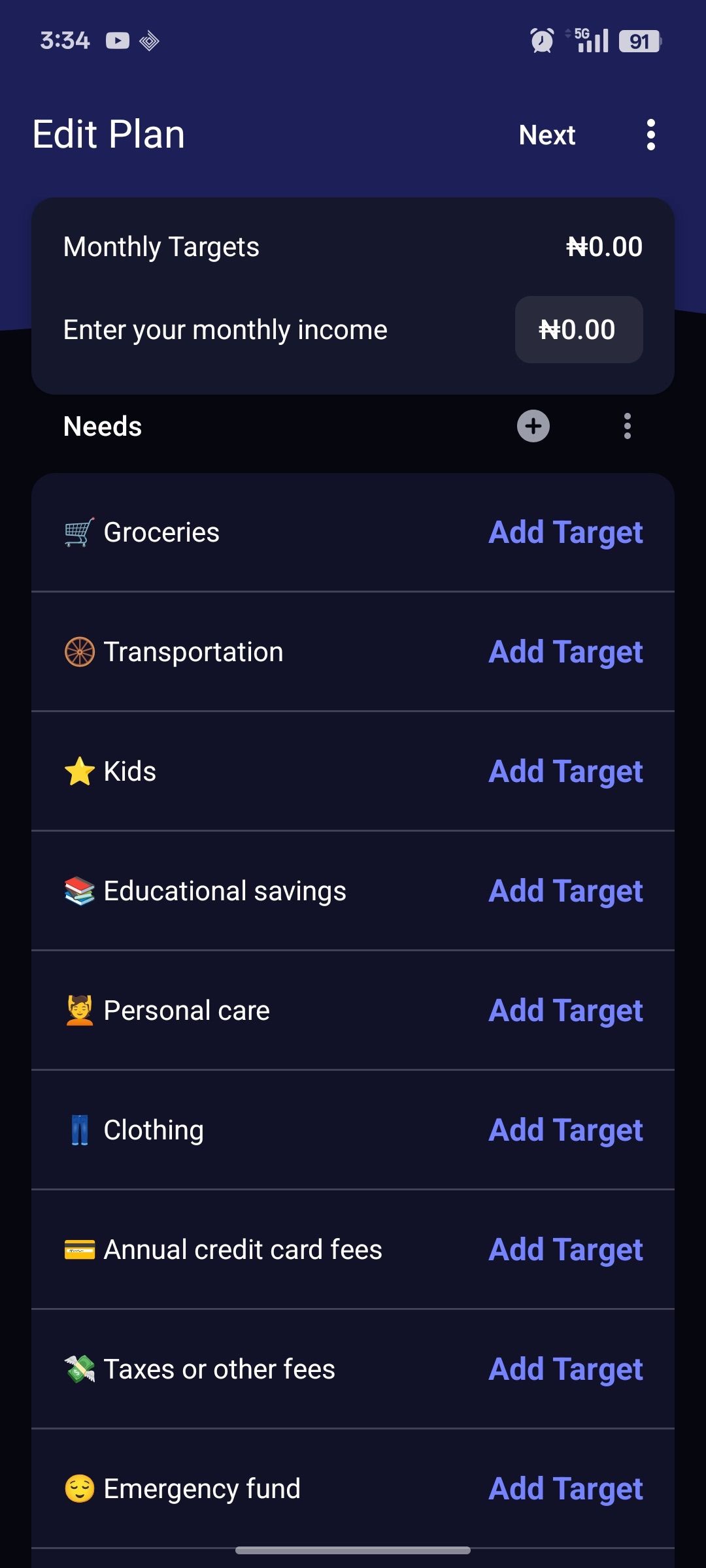 Edit plan menu showing buttons for adding savings targets across groceries and other expense categories on YNAB app