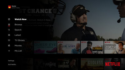 Netflix TV interface with an expanded vertical side menu overlaying content tiles, showing navigation options like Watch Now, Browse, and Search, while dimming the background to keep focus on the menu.