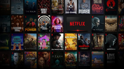 Grid of vertically oriented 2:3 Netflix posters showing various movie and show titles, illustrating the common use of poster-style imagery in TV interfaces for visually dense content browsing.
