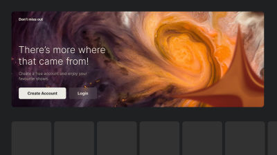 Large spotlight component with abstract background art and a call-to-action message, spanning the full width of the row to draw attention and visually break up the content grid in a TV interface.