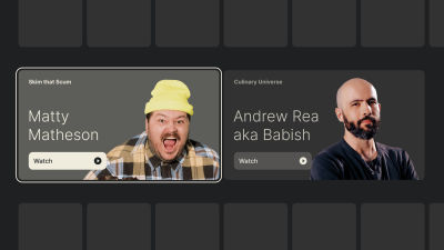 Two horizontally arranged spotlight components, each featuring a large portrait, title, and call-to-action label, showing a smaller spotlight variant that fits two items per row while clearly indicating interactivity.