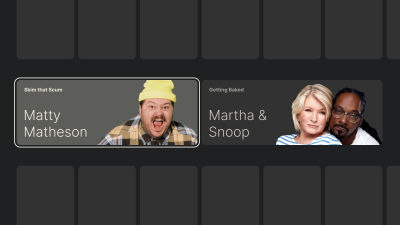 Two compact spotlight components arranged in a row, featuring large portraits and bold titles without action buttons — illustrating a minimized layout that maintains visual impact while saving vertical space.