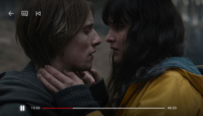 Netflix TV app media player interface shown during playback, featuring a minimalist design with only essential controls: pause, back, subtitles, skip, and a progress bar with time indicators. Compared to the more complex YouTube player, this stripped-down layout prioritizes simplicity and keeps the focus on the content.