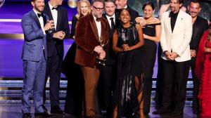 Seth Rogen accepts the Emmy award for Outstanding Comedy Series for “The Studio” at the 77th Primetime Emmy Awards held at the Peacock Theater on September 14, 2025 in Los Angeles, California.