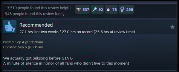 A review reads: "We actually got Silksong before GTA 6A minute of silence in honor of all fans who didn't live to this moment "