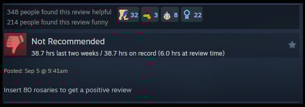 A review reads: "Insert 80 rosaries to get a positive review"
