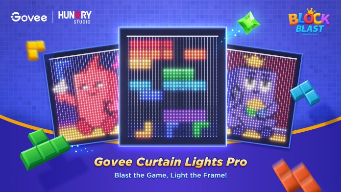 Promotional image showcasing the Govee Curtain Lights Pro featuring colorful LED animations inspired by the game Block Blast, with playful designs on a vibrant background.