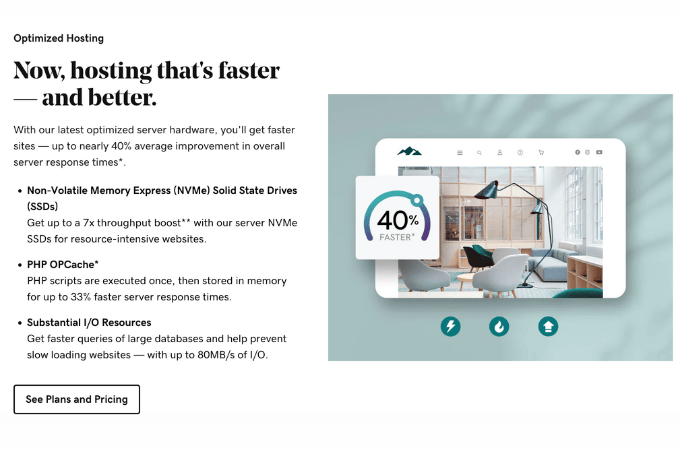 Text on the left that reads “Now, hosting that’s faster–and better” with a description of GoDaddy’s optimized hosting services. On the right is a box against a green background showing an office layout with a graphic that says “40% faster.”