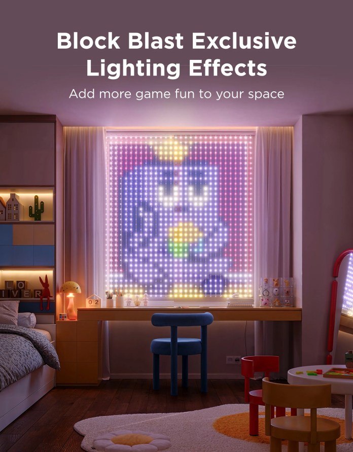 A colorful display of Govee Curtain Lights Pro featuring Block Blast exclusive lighting effects in a children's bedroom, with a cozy atmosphere created by a playful, illuminated character design.