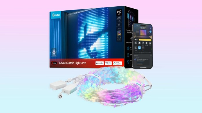 Govee Curtain Lights Pro packaging with colorful lighting display and mobile app interface, featuring 960 RGBIC LEDs.