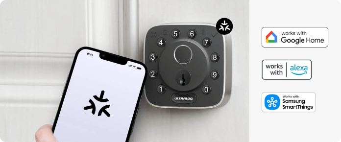 A smartphone displaying a digital lock interface next to a smart lock mounted on a door, showcasing compatibility with Google Home, Alexa, and Samsung SmartThings.