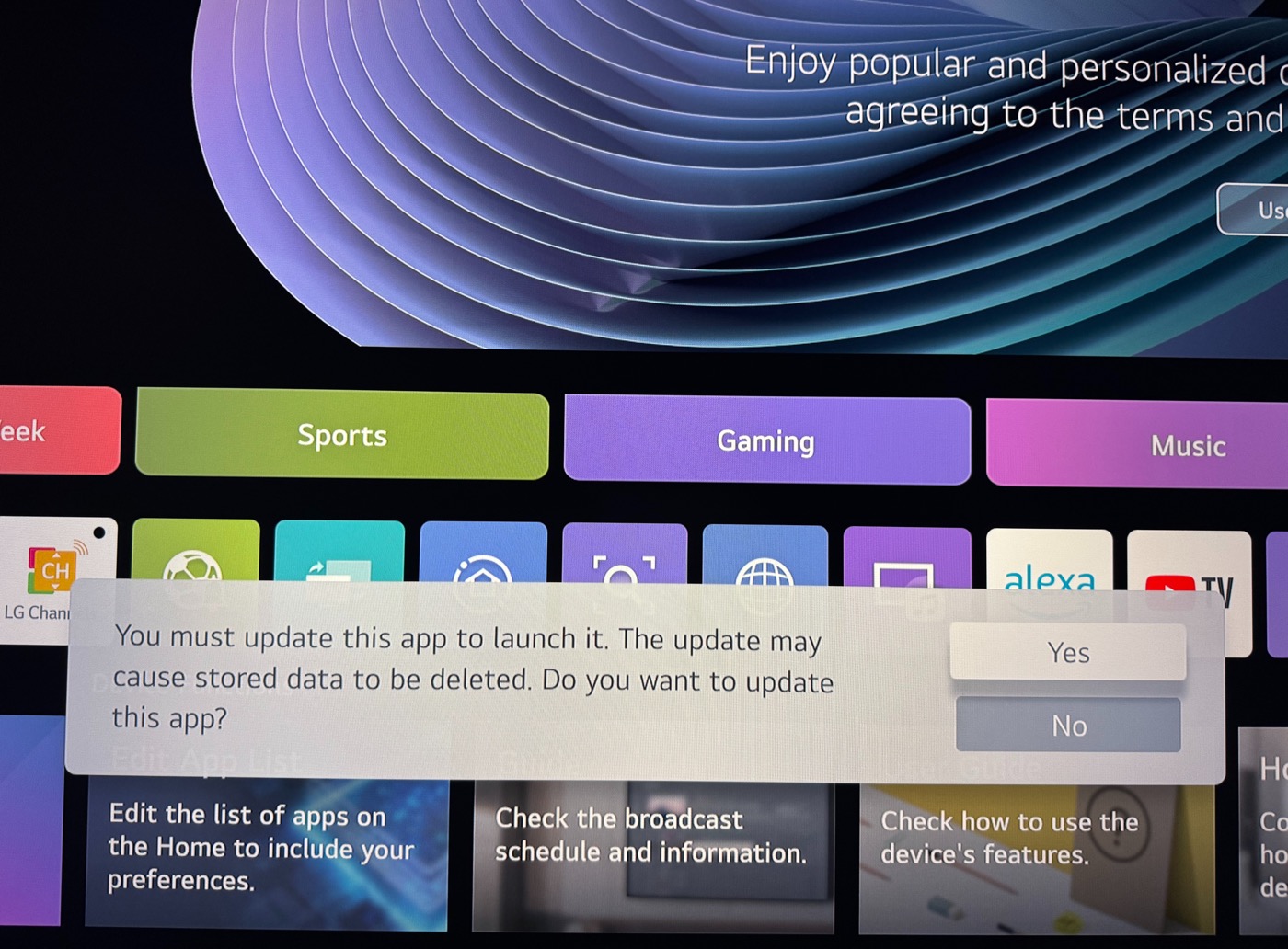 Smart TV screen with a popup message: “You must update this app to launch it.” Emphasizes the constant interruptions and delays caused by app updates.