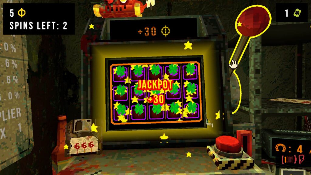 CloverPit pixel art screenshot showing a slot machine hitting a jackpot with four-leaf clovers and glowing stars on screen.