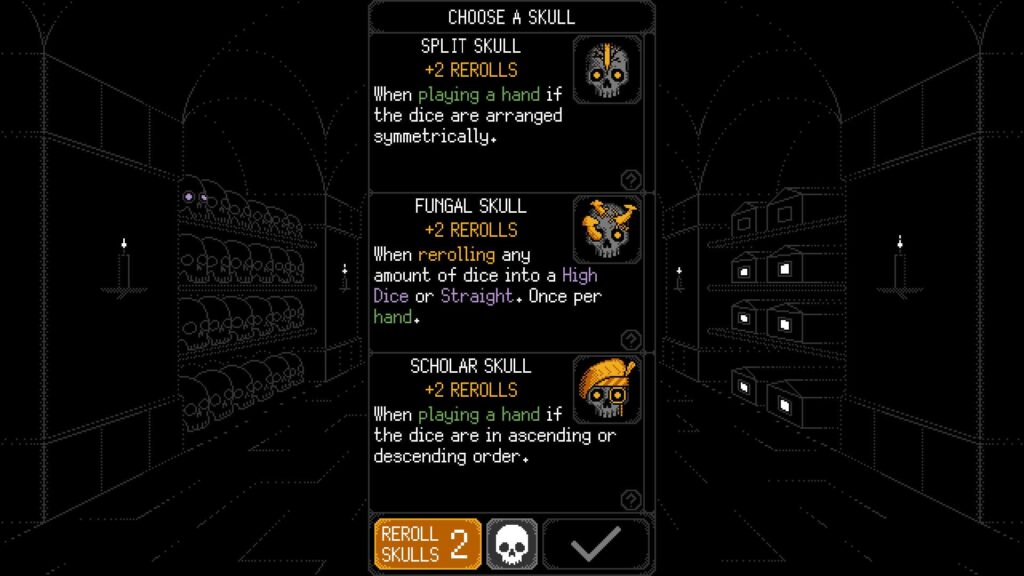 Pixel art selection screen from Dice of Kalmav showing three skull options — Split Skull, Fungal Skull, and Scholar Skull — each offering reroll bonuses in a dark crypt setting.