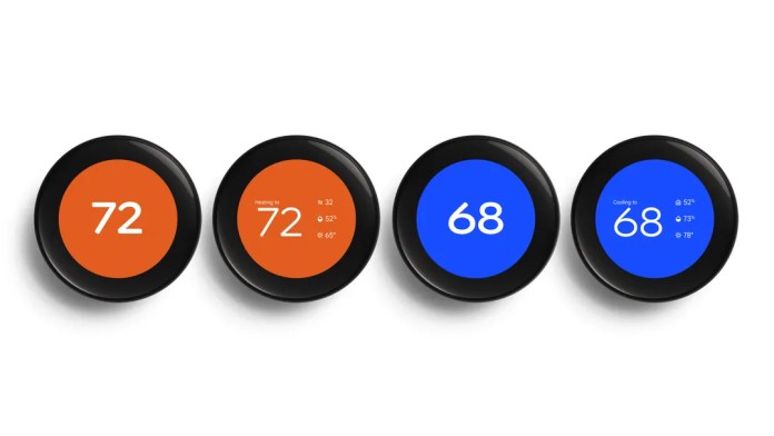 Image of four Nest Learning Thermostats displaying various temperature settings and information in vibrant colors.