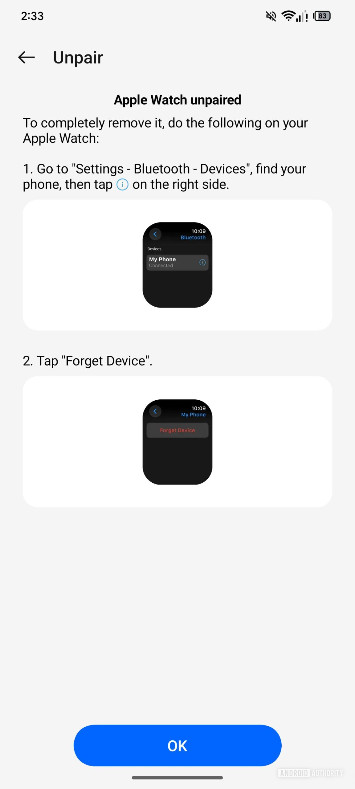 OHealth Unpair Apple Watch