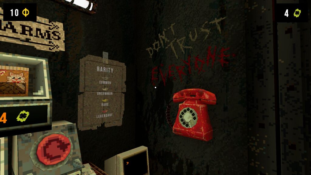 Suspicious red phone with warning message on the wall in CloverPit
