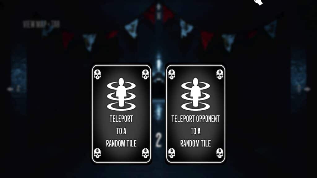 Roll of Fate screenshot showing two black cards with white icons offering teleport options — one to teleport the player and another to teleport the opponent to a random tile.