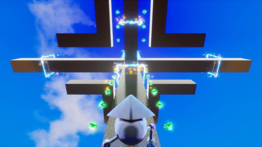 The player character walks along glowing suspended platforms during a vertical puzzle sequence in Lumo 2