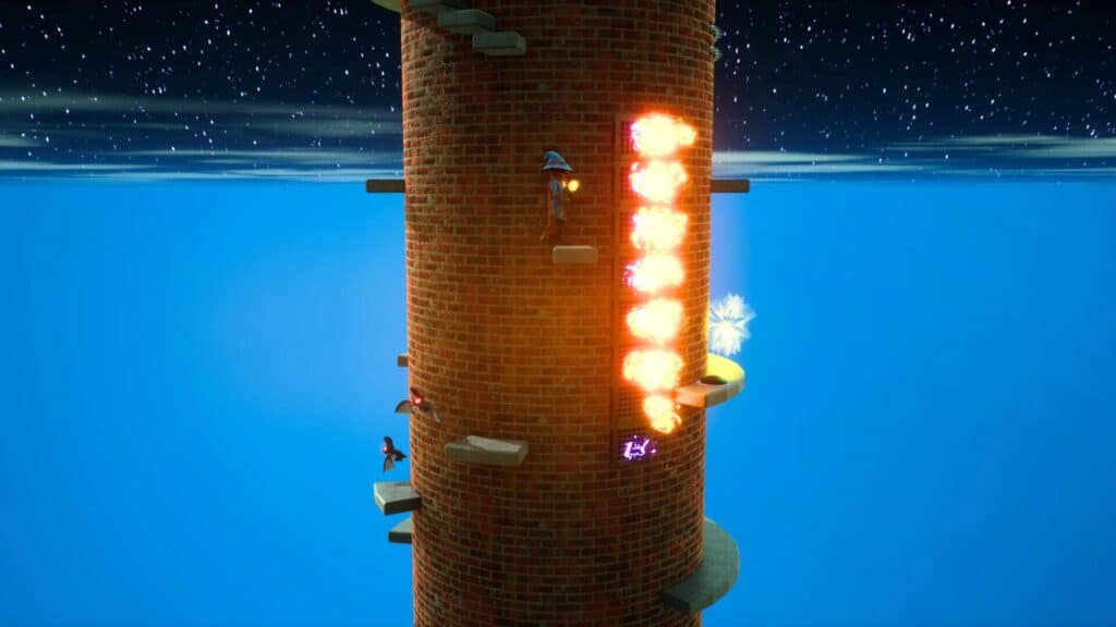 The wizard ascends a fiery brick tower, dodging flames and enemies in a platforming challenge from Lumo 2