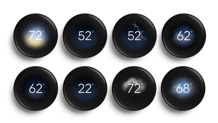 Nine smart thermostat display options showing different temperatures and weather conditions on a sleek, round interface.