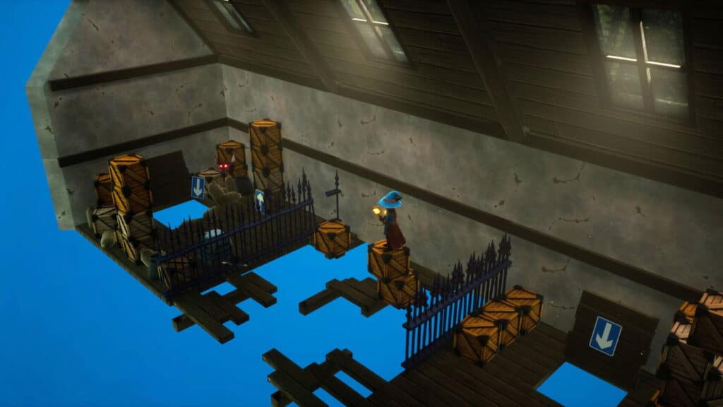 The wizard character navigates a crate-filled chamber while solving platform puzzles in Lumo 2