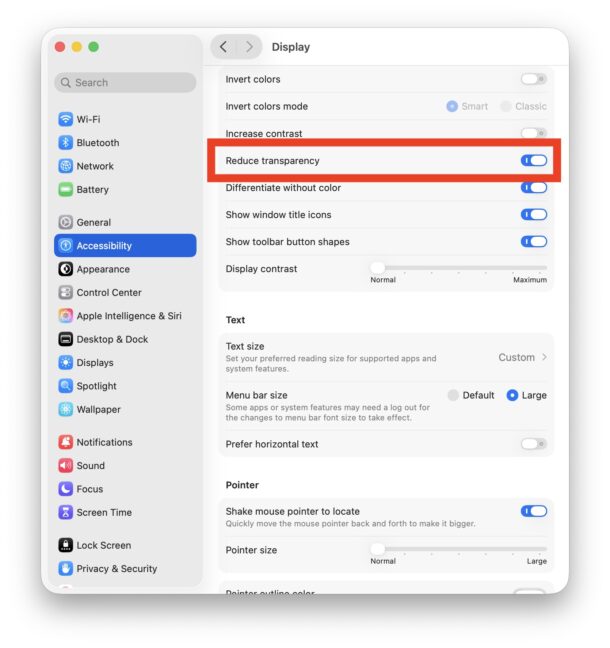 Disable most of Liquid Glass on macOS Tahoe everywhere by toggling reduce transparency to the ON position
