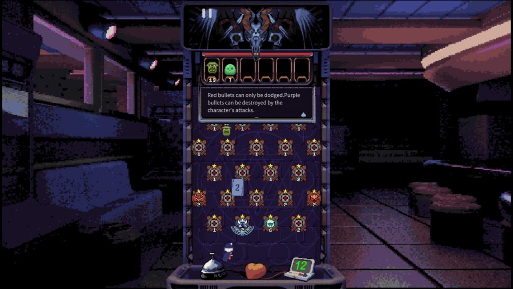Devil Slot Machine game interface showing a grid with character icons and obstacles. A text box explains game mechanics