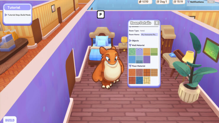 MonsterCare - A monster standing in a purple room. Several options for wall and flooring materials are open in a menu beside it.