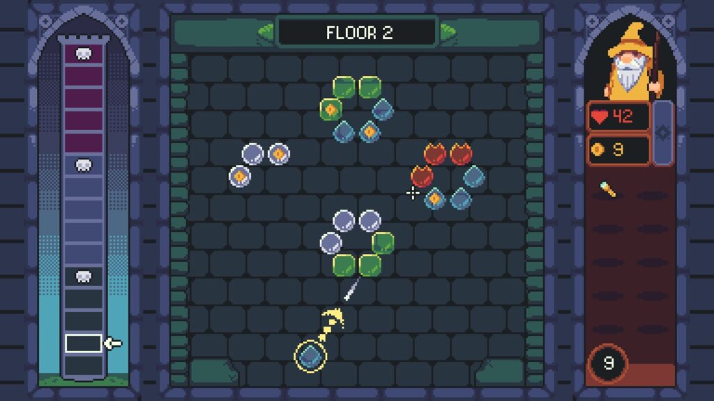 Orb Tower screen showing a wizard shooter on "Floor 2." Colored bubbles aim toward clustered targets. Wizard's health is 42, with 9 coins. Medieval theme