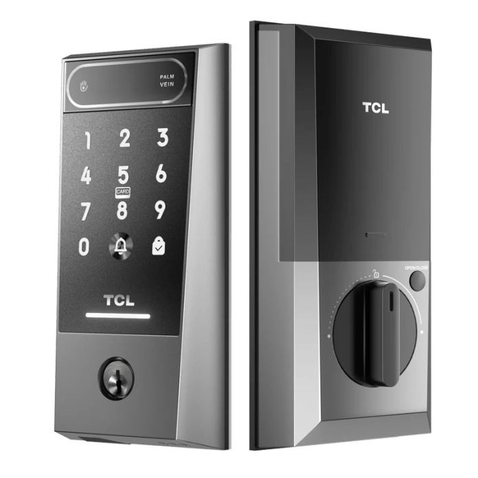 A TCL D2 Pro Smart Door Lock featuring a palm vein recognition scanner and a numeric keypad, designed for advanced home security.