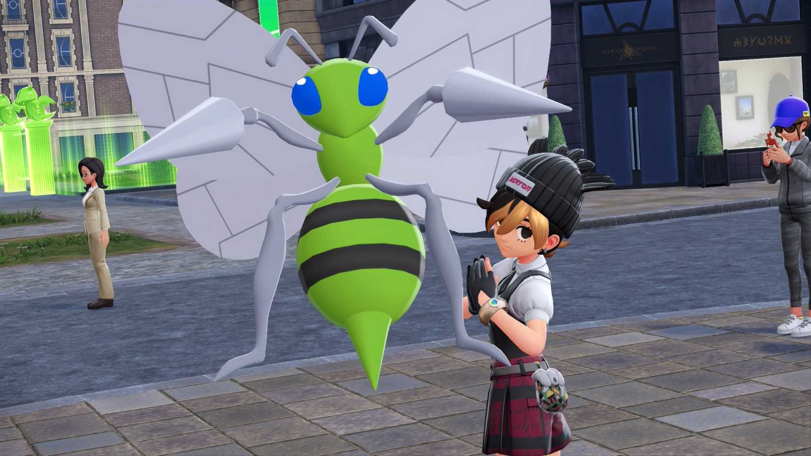 A Pokémon trainer poses with her hands clasped together with a shiny Beedrill in Pokémon Legends: Z-A.