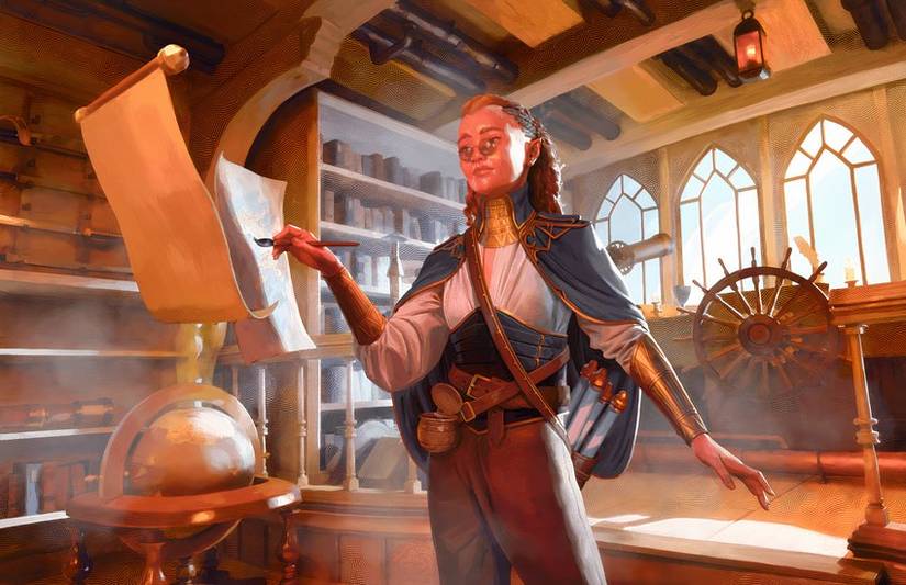 A Khoravar (half-elf) Cartographer Artificer depicted in Forge of the Artificer.
