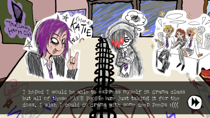 I Write Games Not Tragedies - A purple-haired person talks to someone with red and black hair in a busy classroom.